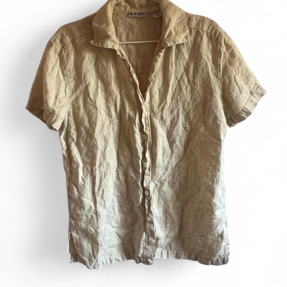 Sunbelt Vintage Mens Small Yellow 100% Linen Short Sleeve Button Up Shirt USA